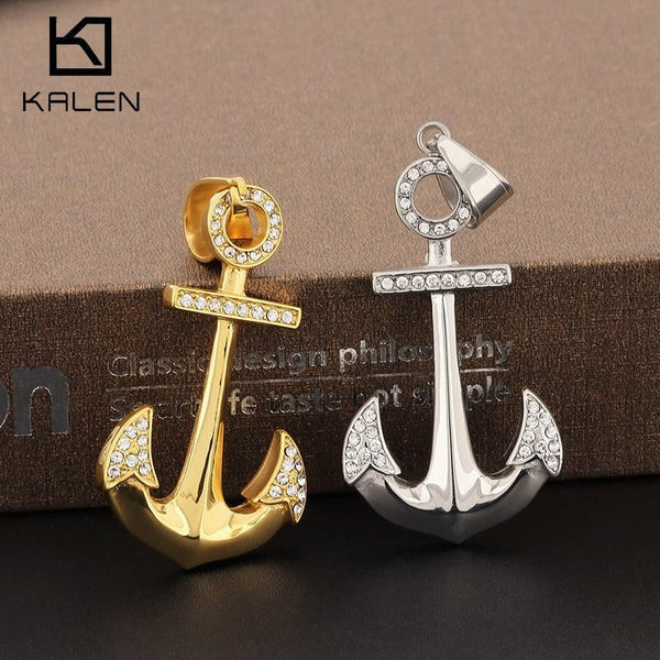 Kalen Hip Hop Zircon Anchor Gold Plated Stainless Steel Pendant Necklace for Men Women - kalen