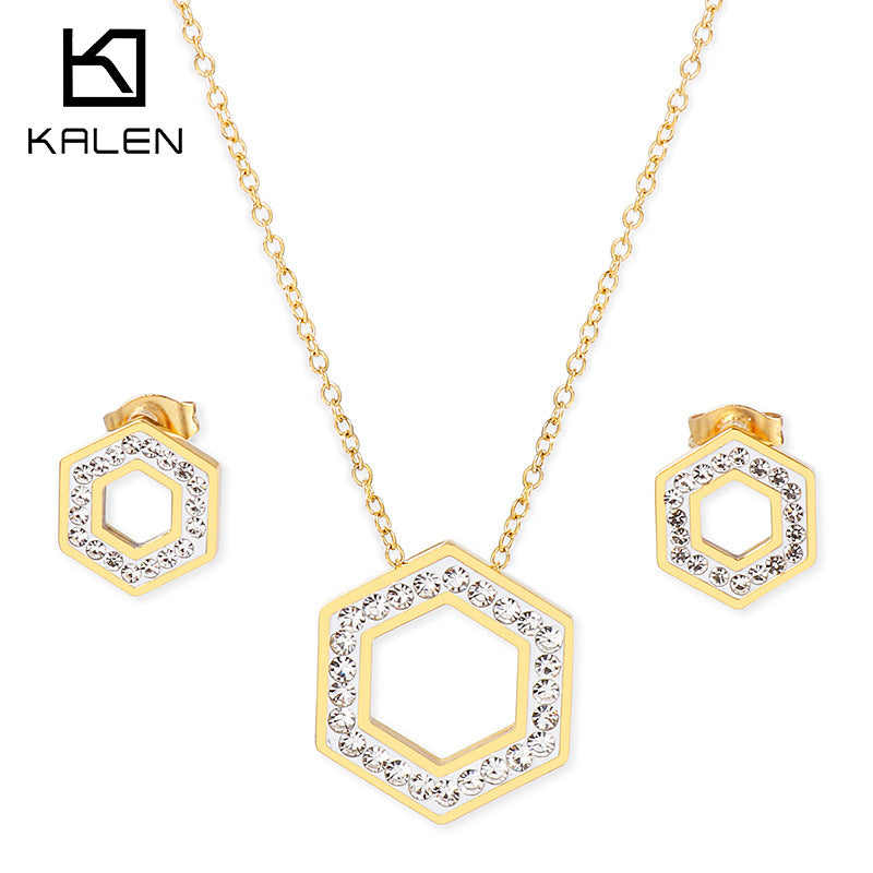 Stainless Steel Hexagon Pendant Necklace & Stud Earrings Set with Zirconia - view 1