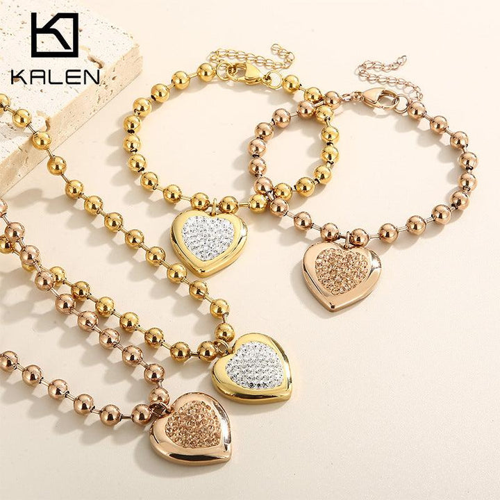 Kalen 6mm Bead Chain Zircon Heart Pendant Bracelet Necklace Jewelry Set For Women - kalen