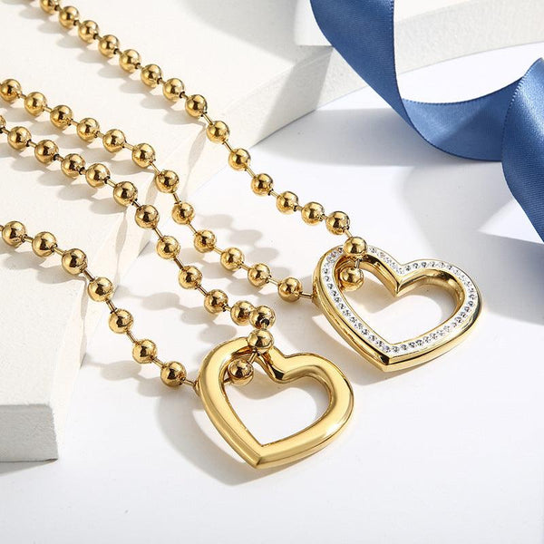 Kalen 6mm Bead Chain Zircon Heart Pendant Bracelet Necklace Jewelry Set For Women - kalen