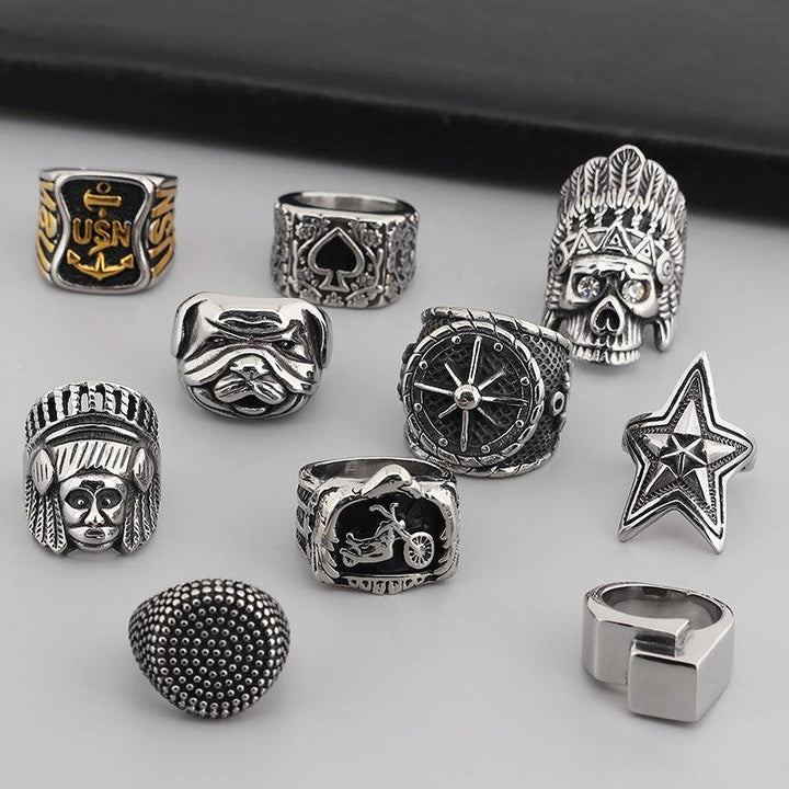 Hip Hop Wholesale Stainless Steel Rings Pentagram Anchor Indian Spades Heart Ring for Men - kalen