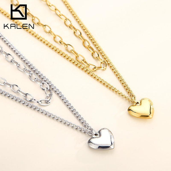 Wholesale Double Layer Paperclip Curb Cuban Chain Heart Pendant Stainless Steel Necklace For Women - kalen