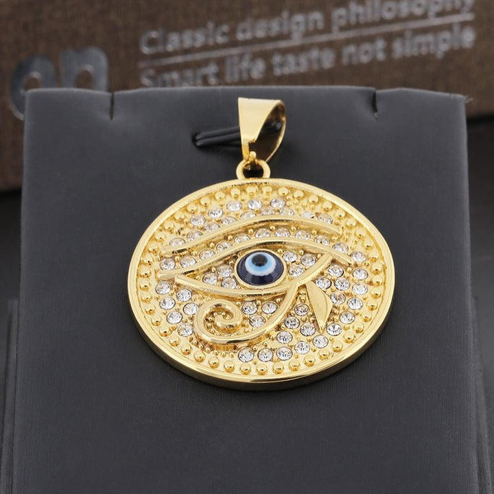 Kalen Hip Hop Zircon Evil Eye Gold Plated Stainless Steel Round Pendant Necklace for Men Women - kalen