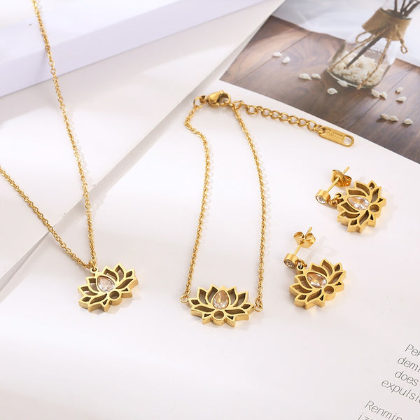 Wholesale Stainless Steel Lotus Flower Necklace, Bracelet and Stud Earrings jewelry Set with Rhinestones – Kalen
