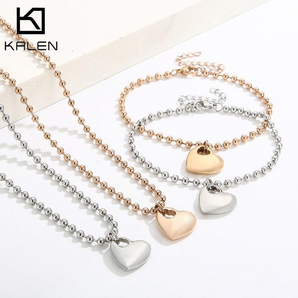 Kalen 3mm Bead Chain Heart Pendant Bracelet Necklace Jewelry Set For Women - kalen