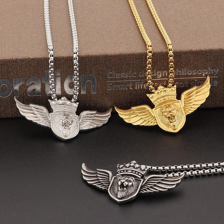 Kalen Hip Hop Angel Wings Lion Gold Plated Stainless Steel Pendant Necklace for Men Women - kalen