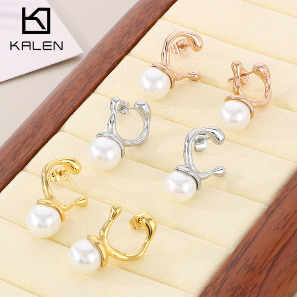 Kalen Stainless Steel Gold Plated Pearl Stud Earrings Wholesale for Women