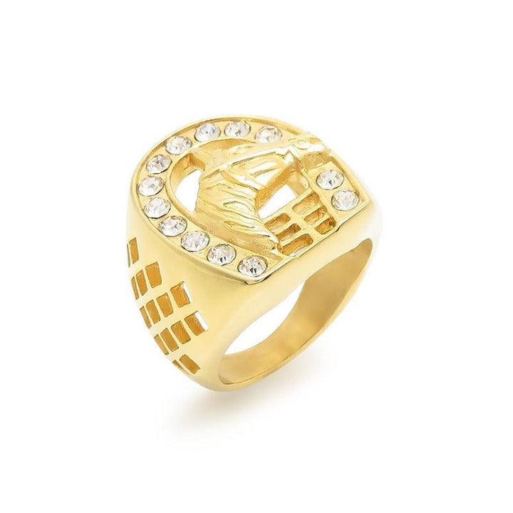 Kalen Hip Hop Zircon Horse Gold Plated Stainless Steel Ring for Men Women - kalen