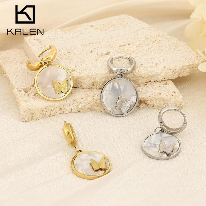 Kalen Wholesale Stainless Steel Shell Butterfly Huggie Hoop Drop Earrings for Women - kalen