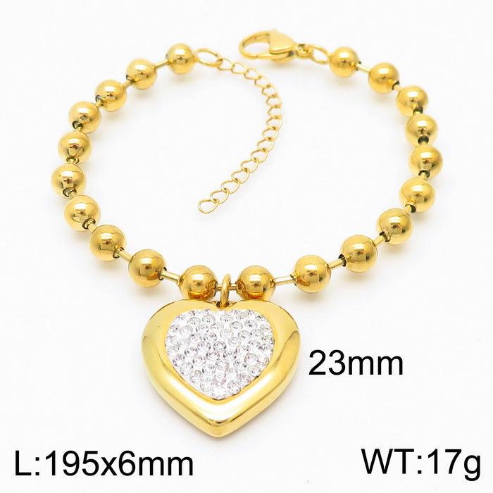 Kalen 6mm Bead Chain Zircon Heart Pendant Bracelet Necklace Jewelry Set For Women - kalen