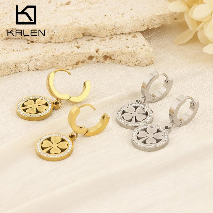 Wholesale Stainless Steel Zircon Four Leaf Clover Hoop Drop Earrings for Women - kalen