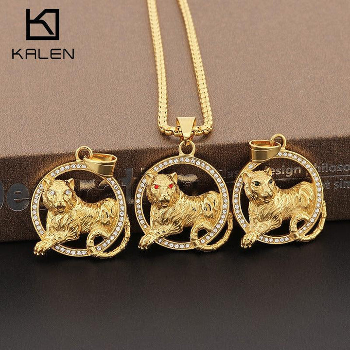 Kalen Hip Hop Zircon Lion Gold Plated Stainless Steel Pendant Necklace for Men Women - kalen