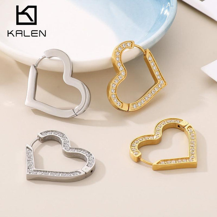 Kalen Stainless Steel Heart CNC Zircon Hinged Hoop Earrings for Women - kalen