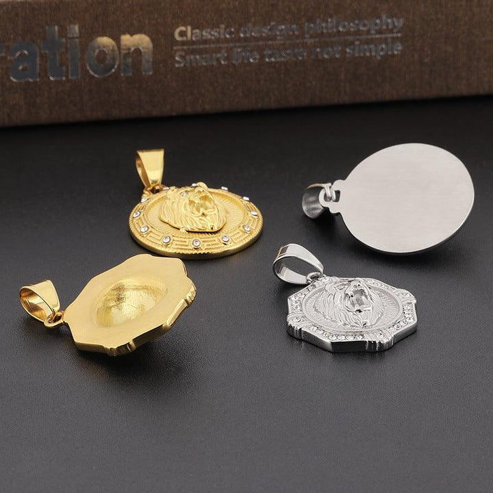 Kalen Hip Hop Zircon Lion Gold Plated Stainless Steel Coin Pendant Necklace for Men Women - kalen