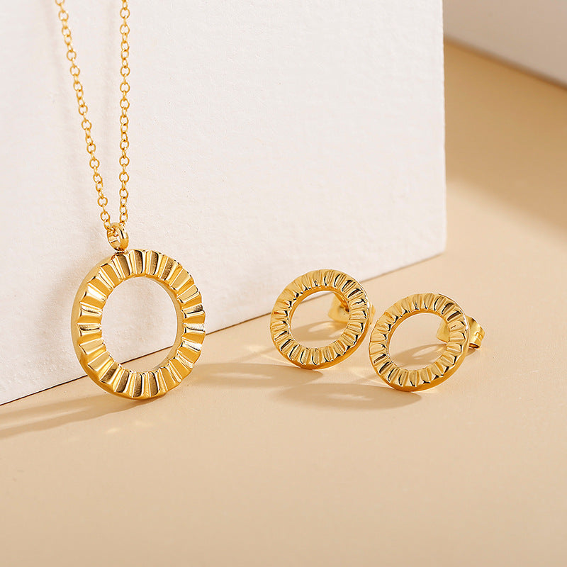 Textured Circle Jewelry Set Pendant Necklace and Stud Earrings - view 1