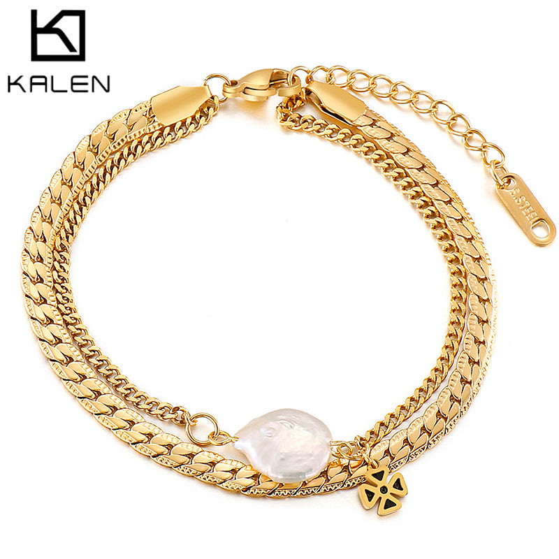 Wholesale Stainless Steel Double Chain Bracelet with Shell & Flower Charm – Kalen - view 1