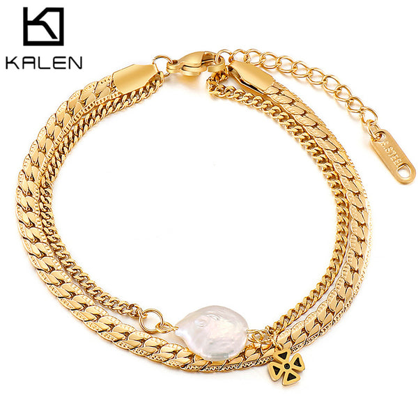 Wholesale Stainless Steel Double Chain Bracelet with Shell & Flower Charm – Kalen