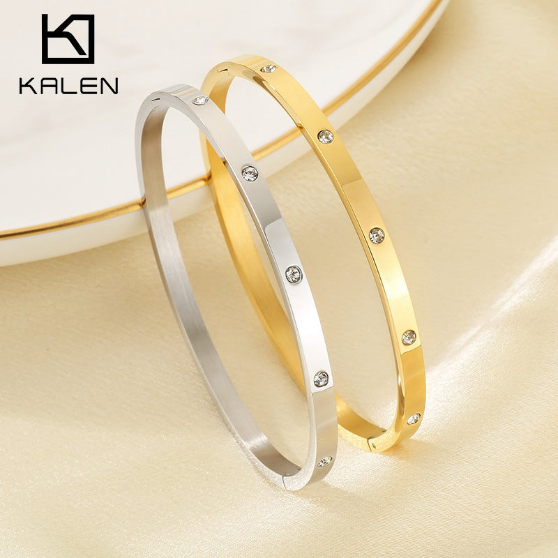 18K Gold Zircon Bangle – Stainless Steel Oval Clasp - view 1