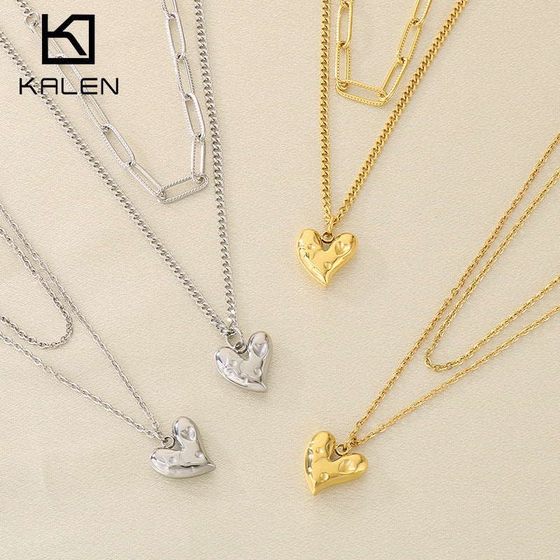 Hammered Heart Pendant Layered Stainless Steel Necklace - view 1