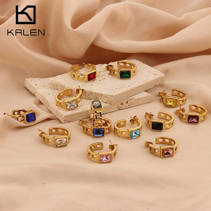 Kalen Stainless Steel C-Shape Colorful Zircon Stud Earrings for Women - kalen