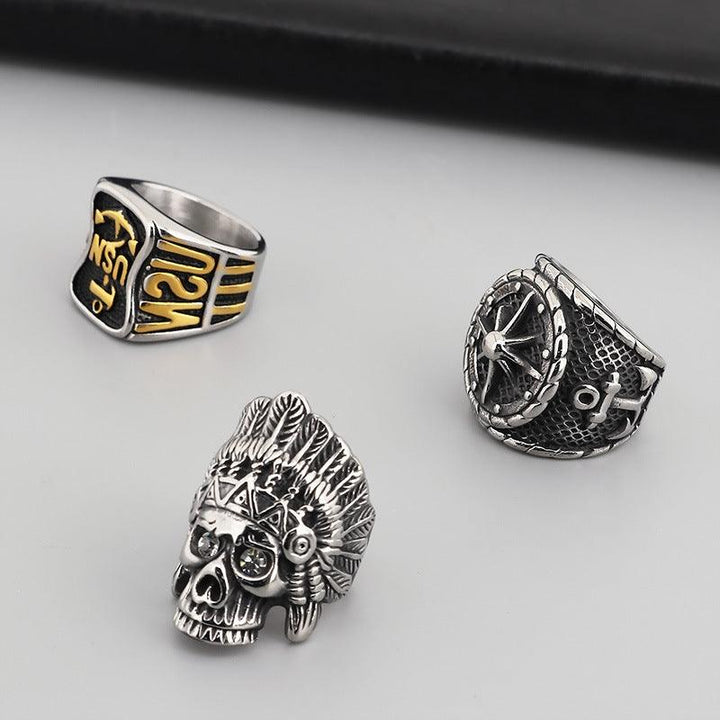 Hip Hop Wholesale Stainless Steel Rings Pentagram Anchor Indian Spades Heart Ring for Men - kalen