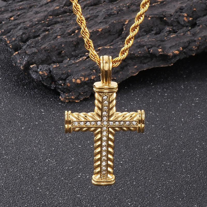 Kalen Hip Hop Viking Zircon Cross Gold Plated Stainless Steel Pendant Necklace for Men Women - kalen