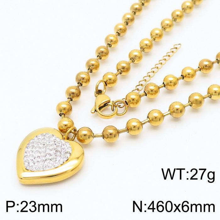 Kalen 6mm Bead Chain Zircon Heart Pendant Bracelet Necklace Jewelry Set For Women - kalen