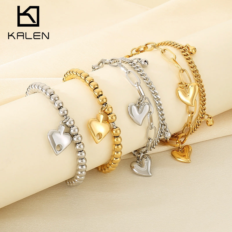 18K gold-plated double-layer stackable adjustable stainless steel heart chain bracelet - view 1