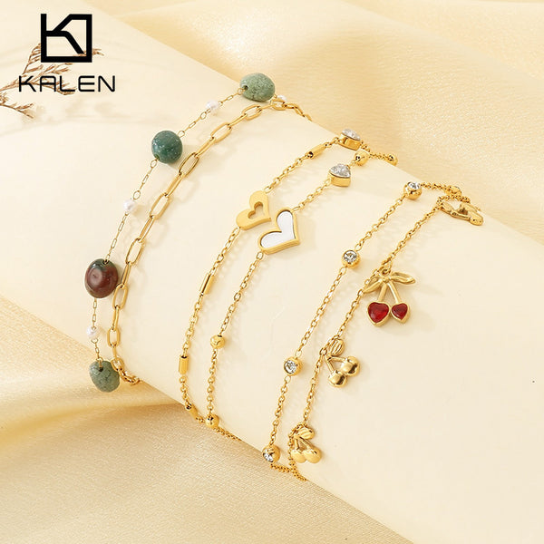 Double Layer Shell, Heart & Cherry Gold Charm Anklet