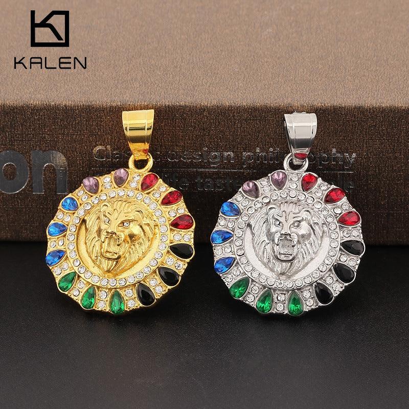 Kalen Hip Hop Zircon Lion Gold Plated Stainless Steel Coin Pendant Necklace for Men Women - kalen