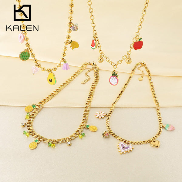 Fruit Cuban Chain Necklace – Stainless Steel Pineapple, Apple, Strawberry