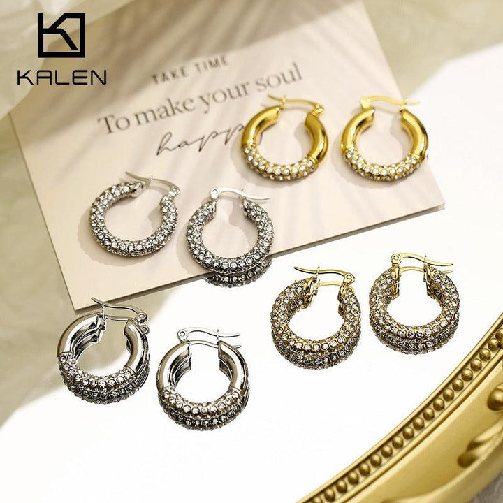 Kalen Wholesale Stainless Steel Hollow C-Shape Zircon Hoop Earrings for Women - kalen