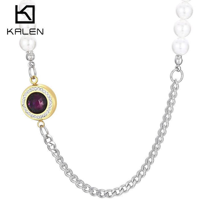 Stainless Steel Pearl Cuban Chain Round Pendant Necklace - kalen