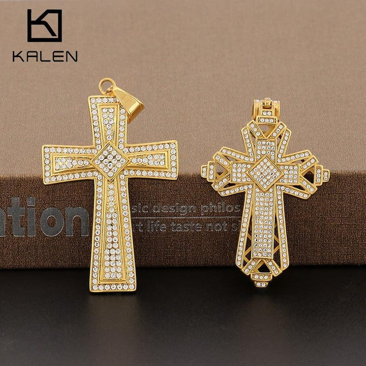 Kalen Hip Hop Cross Gold Plated Stainless Steel Pendant Necklace for Men Women - kalen