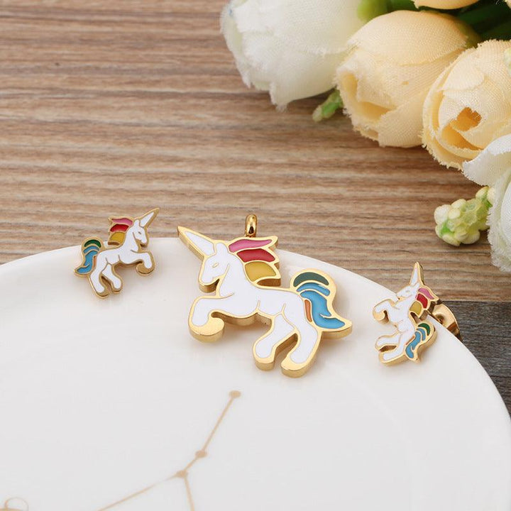 Kalen Stainless Steel Cute Enamel Unicorn Stud Earrings Pendant Necklace Set for Women - kalen