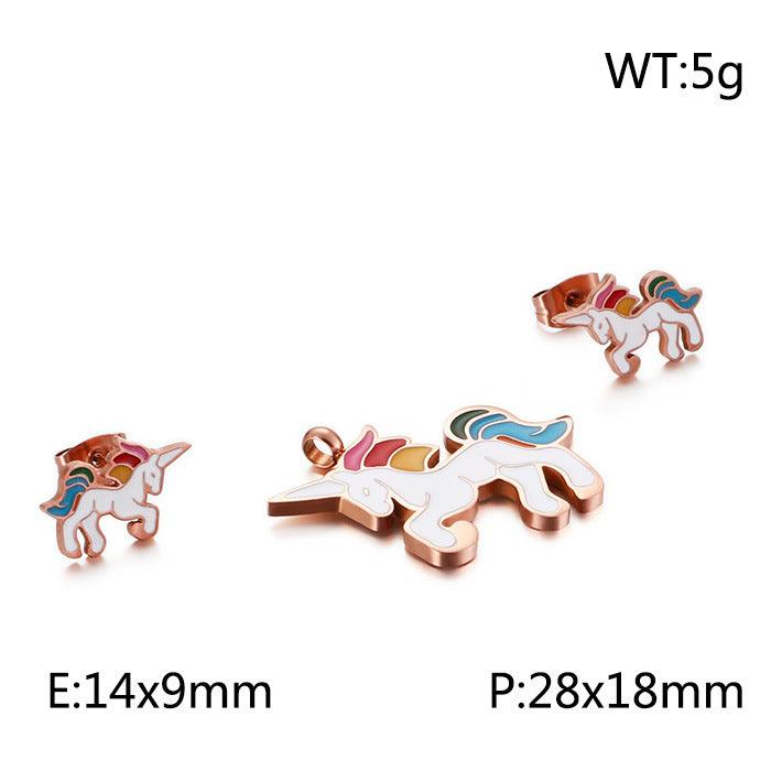 Kalen Stainless Steel Cute Enamel Unicorn Stud Earrings Pendant Necklace Set for Women - kalen