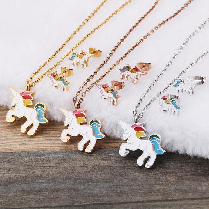 Kalen Stainless Steel Cute Enamel Unicorn Stud Earrings Pendant Necklace Set for Women - kalen