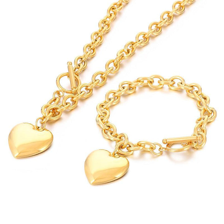 Kalen Stainless Steel 18K Gold Plated Loop Chain Heart Charm Wholesale Bracelets Necklace Jewelry Set for Women - kalen