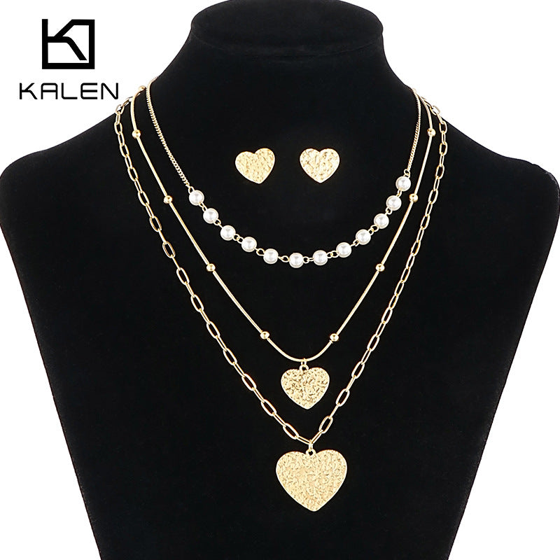 Wholesale Stainless Steel Layered Heart Pendant Necklace stud earrings jewelry Set with Pearl Chain - view 1
