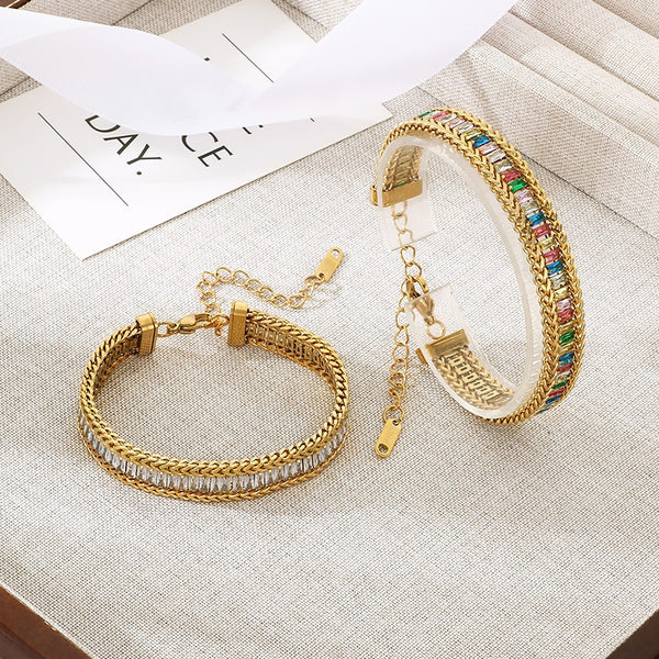 Minimalist Colorful Zirconia Stainless Steel Bracelet 18K Gold Plated for Women