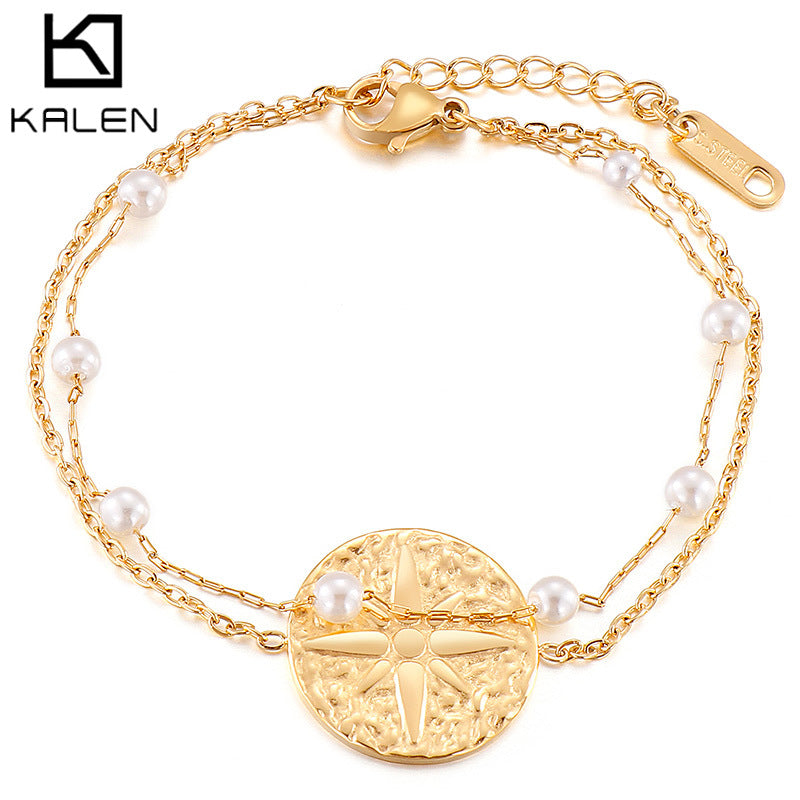 Wholesale Stainless Steel Compass Pearl Bracelet Layered Chain – Kalen - view 1
