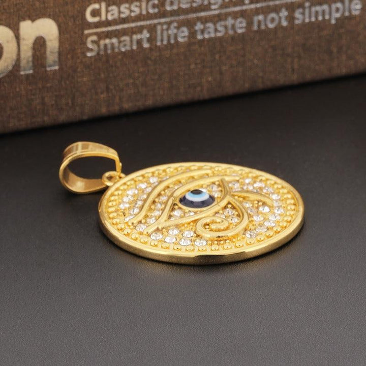 Kalen Hip Hop Zircon Evil Eye Gold Plated Stainless Steel Round Pendant Necklace for Men Women - kalen