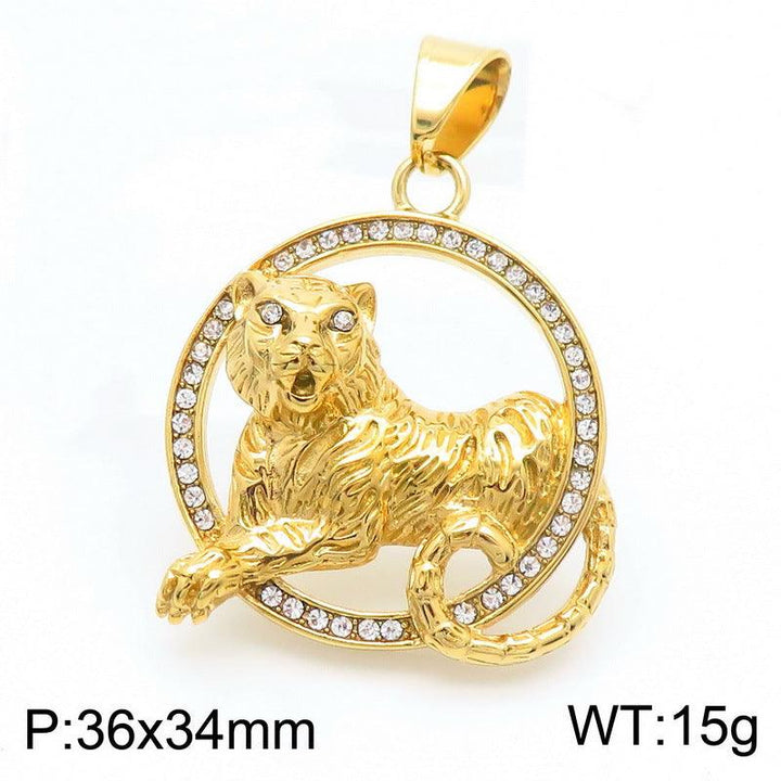 Kalen Hip Hop Zircon Lion Gold Plated Stainless Steel Pendant Necklace for Men Women - kalen