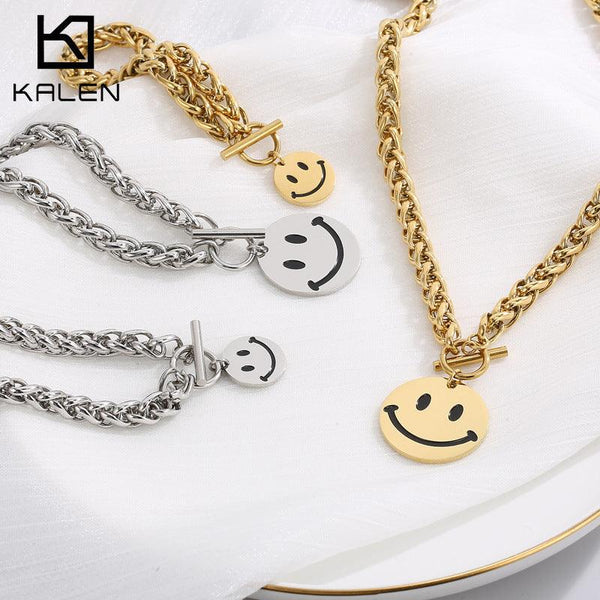 Kalen 8mm Rope Chain Smile Pendant Bracelet Necklace Jewelry Set For Women - kalen