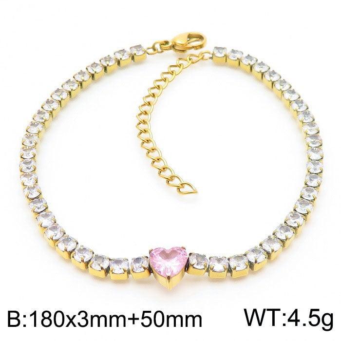 Kalen 3mm Stainless Steel Zircon Tennis Chain Heart Charm Wholesale Bracelet for Women - kalen