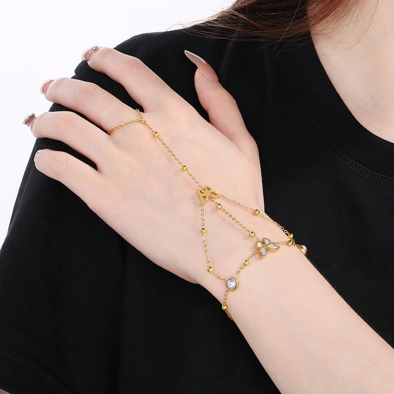Elegant Stainless Steel Butterfly Pearl Hand Chain Ring - view 1
