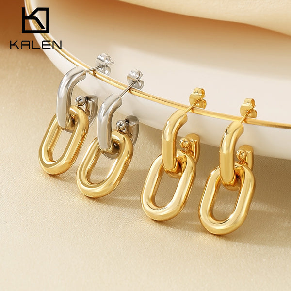 18K Gold Drop Earrings – Stainless Steel Chain Accent