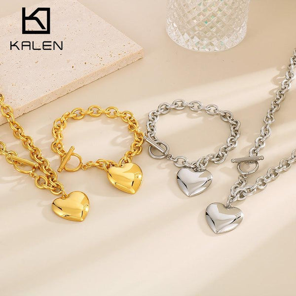 Kalen Stainless Steel 18K Gold Plated Loop Chain Heart Charm Wholesale Bracelets Necklace Jewelry Set for Women - kalen
