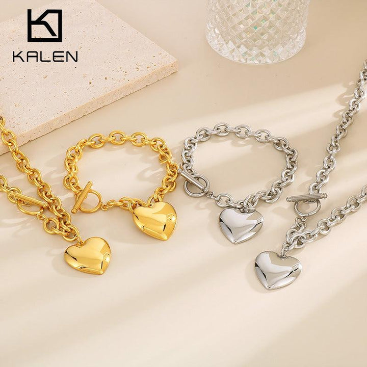 Kalen Stainless Steel 18K Gold Plated Loop Chain Heart Charm Wholesale Bracelets Necklace Jewelry Set for Women - kalen