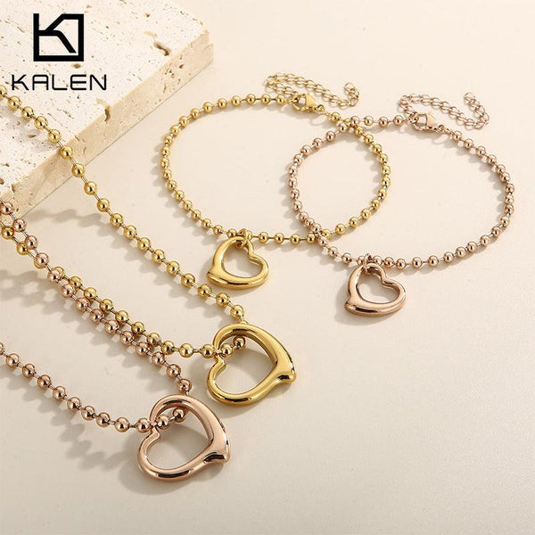 Kalen Stainless Steel 18K Gold Plated Bead Chain Heart Charm Wholesale Bracelets Necklace Jewelry Set for Women - kalen